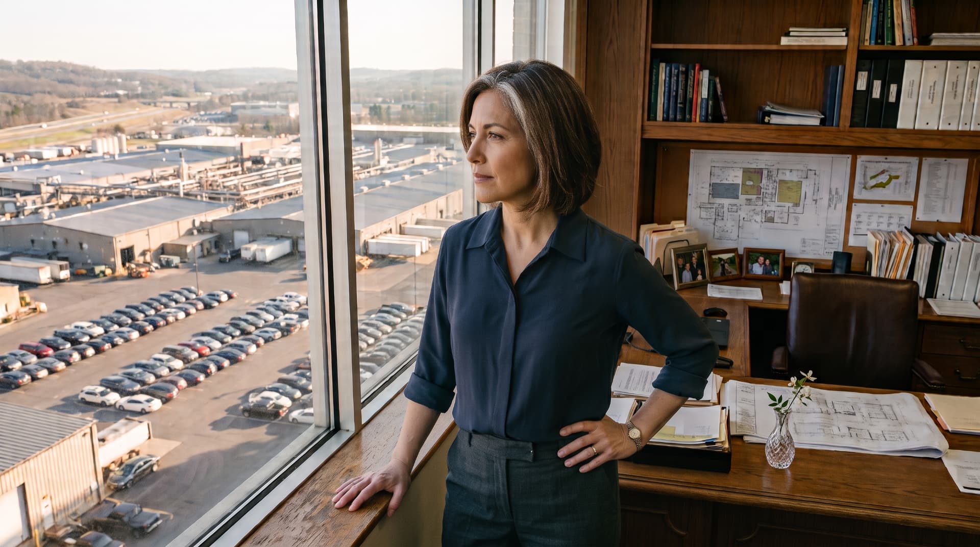 A manufacturing CEO in her office looking out over the plant