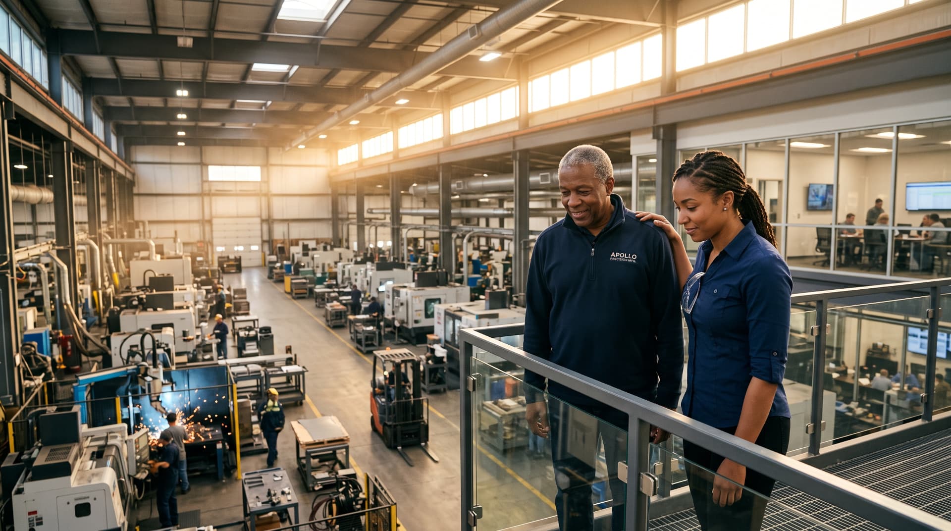 Two leaders overlooking their plant floor from the mezzanine