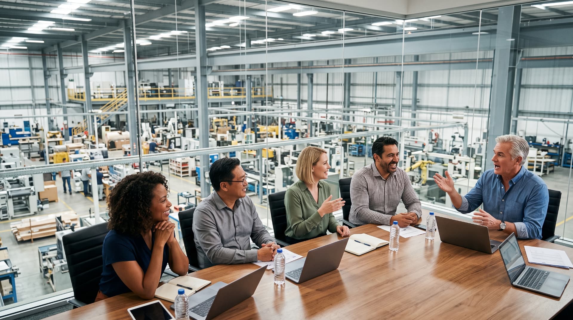 A leadership team in a working session above the factory floor