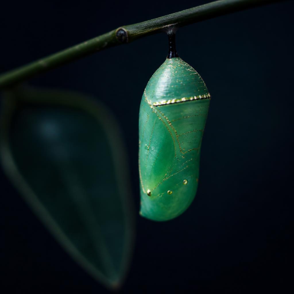 A jade-green monarch chrysalis with gold dots hanging from a stem
