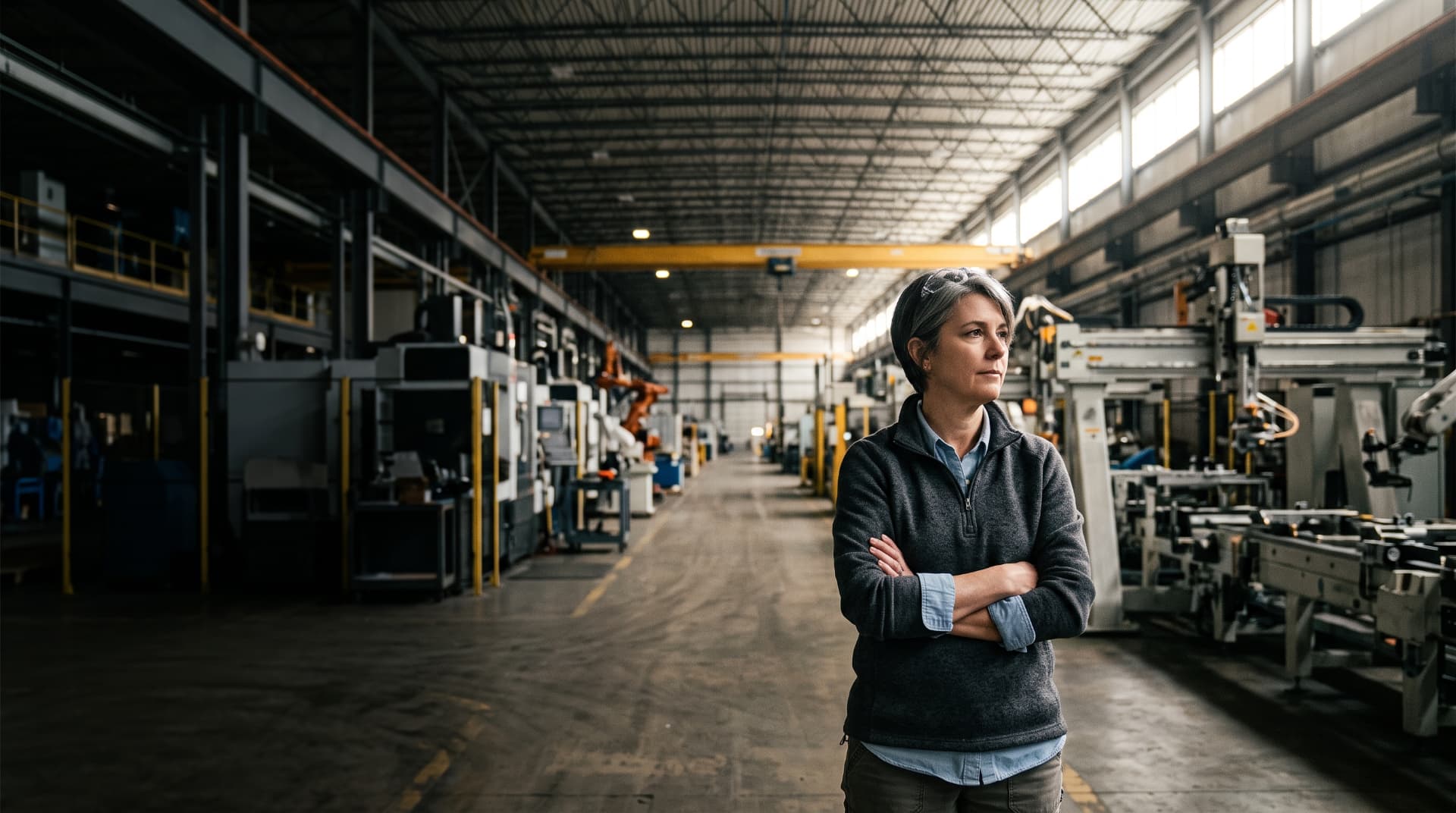 A plant leader standing between machining cells on the shop floor