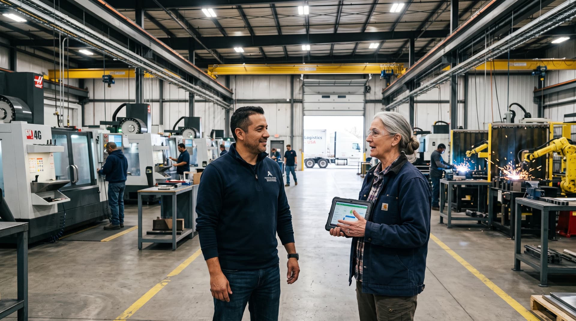 Two manufacturing leaders talking on a busy precision machine shop floor