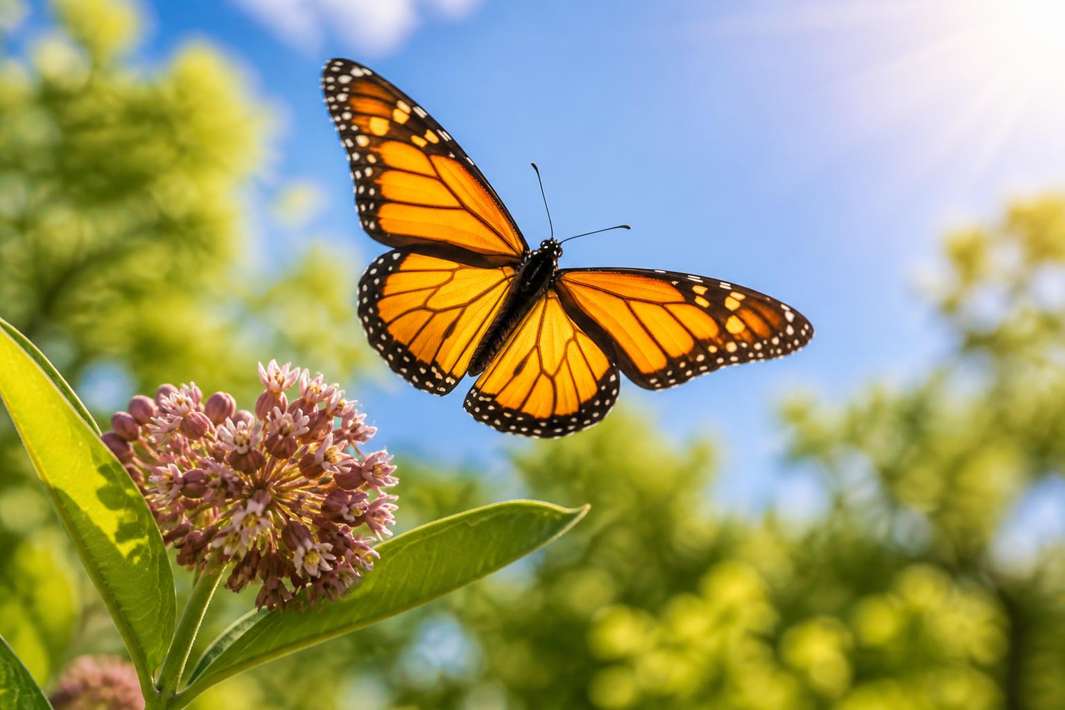 A monarch butterfly in full color taking flight from a milkweed flower into a blue sky